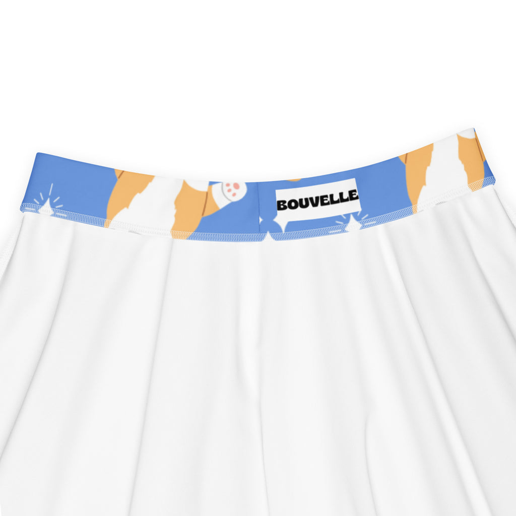 White cotton underwear with blue waistband featuring an orange and white cat design and bouvelle branding