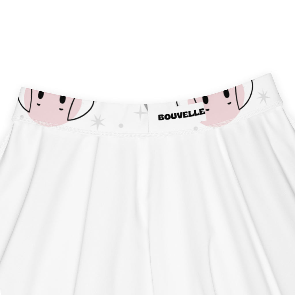 White dog face skater skirt with pink cartoon pattern flowy high waisted upf 50 plus recycled fabric by bouvelle