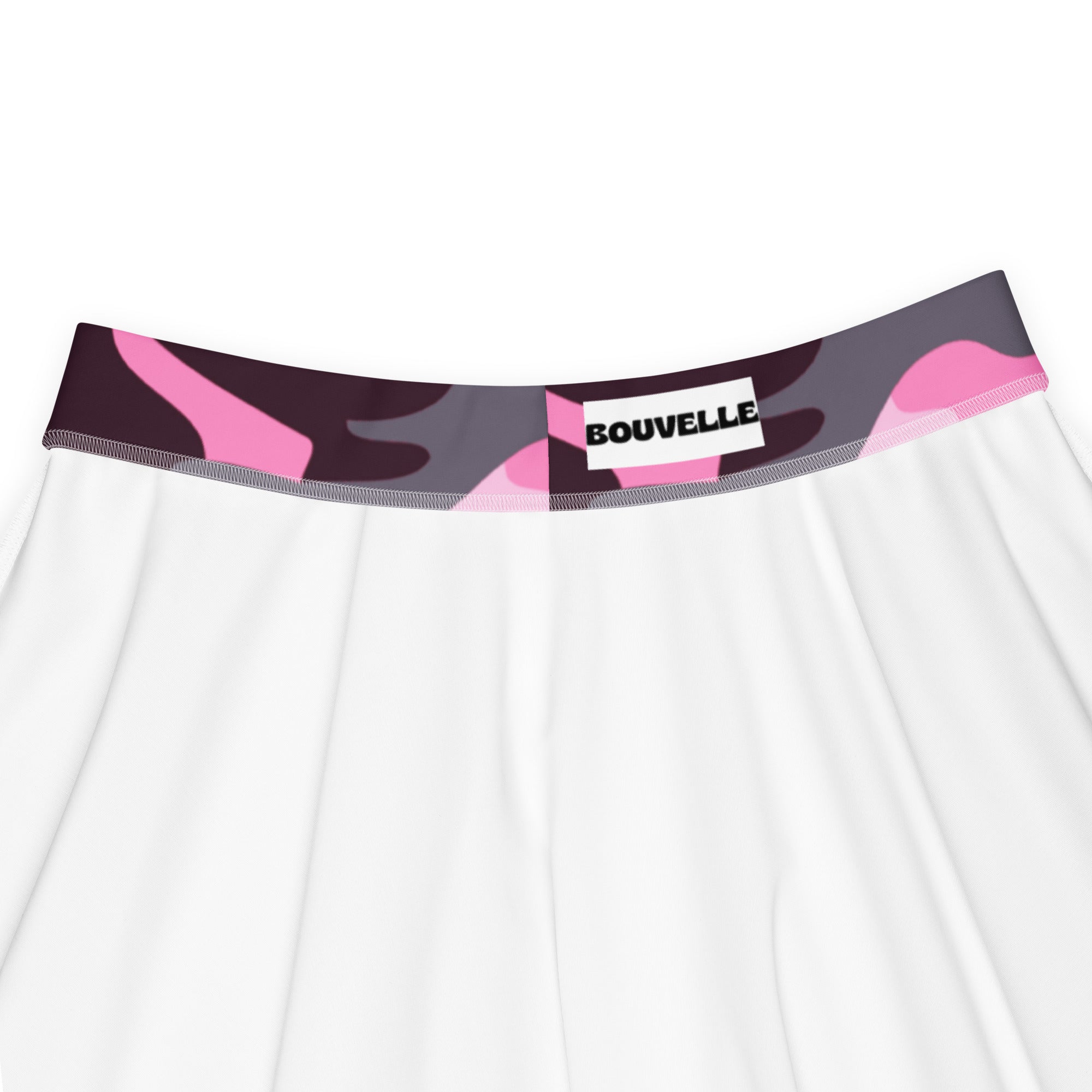 White women’s underwear with pink and dark gray camouflage waistband and bouvelle brand label in recycled fabric
