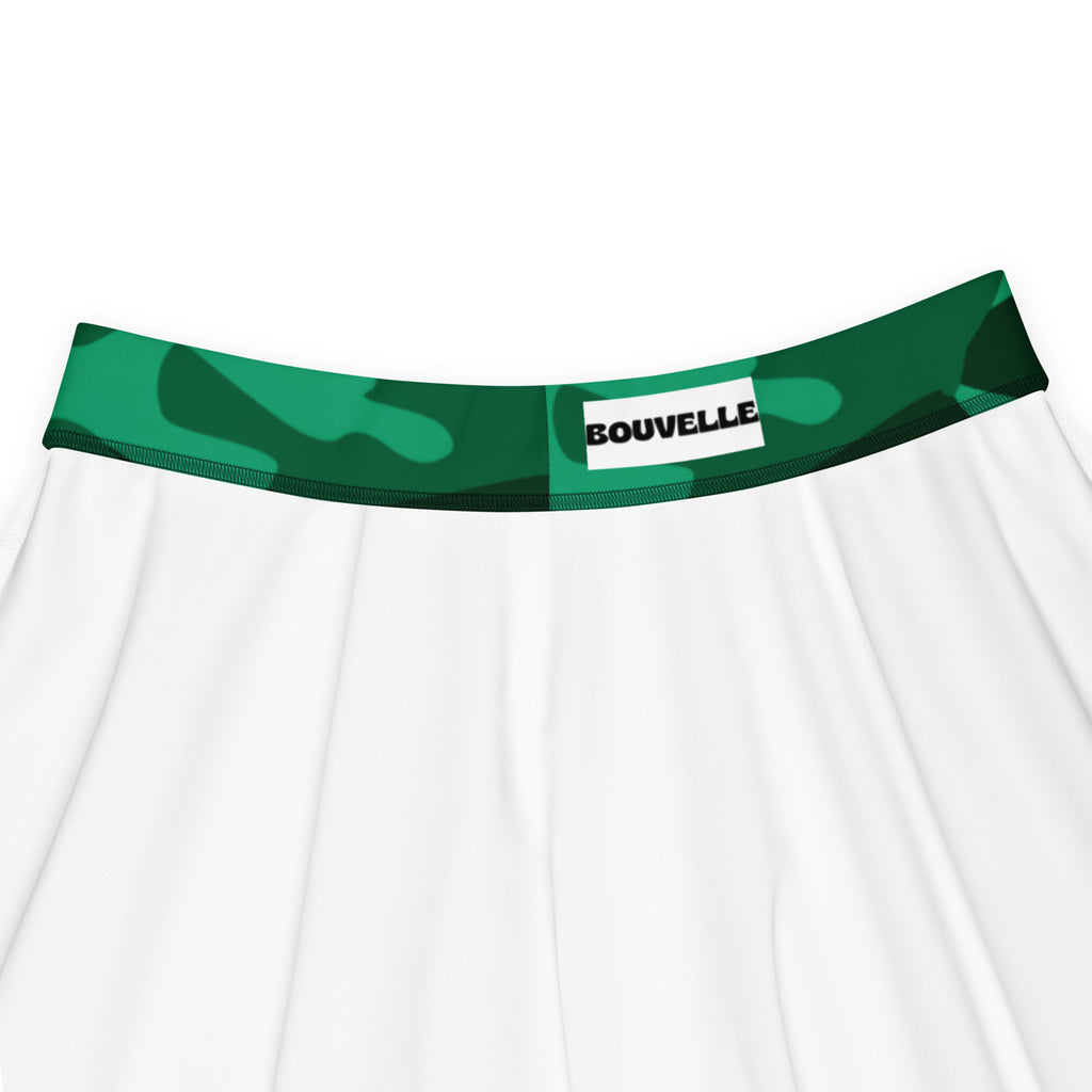White underwear with green camouflage waistband featuring bouvelle label matching the women’s camouflage skater skirt