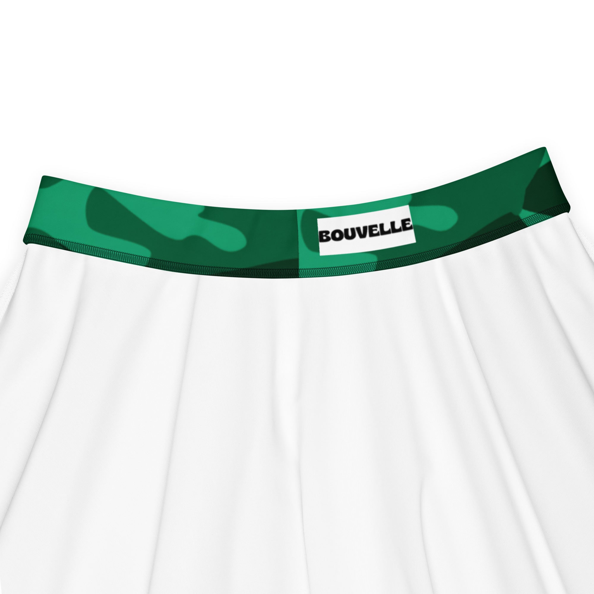 White underwear with green camouflage waistband featuring bouvelle label matching the women’s camouflage skater skirt