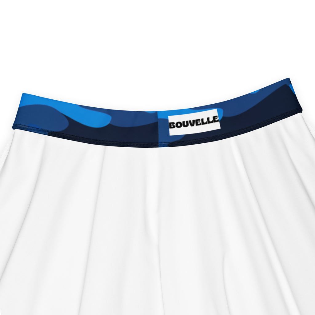 White cotton briefs with a blue camouflage waistband and bouvelle label complementing a blue camouflage skater skirt