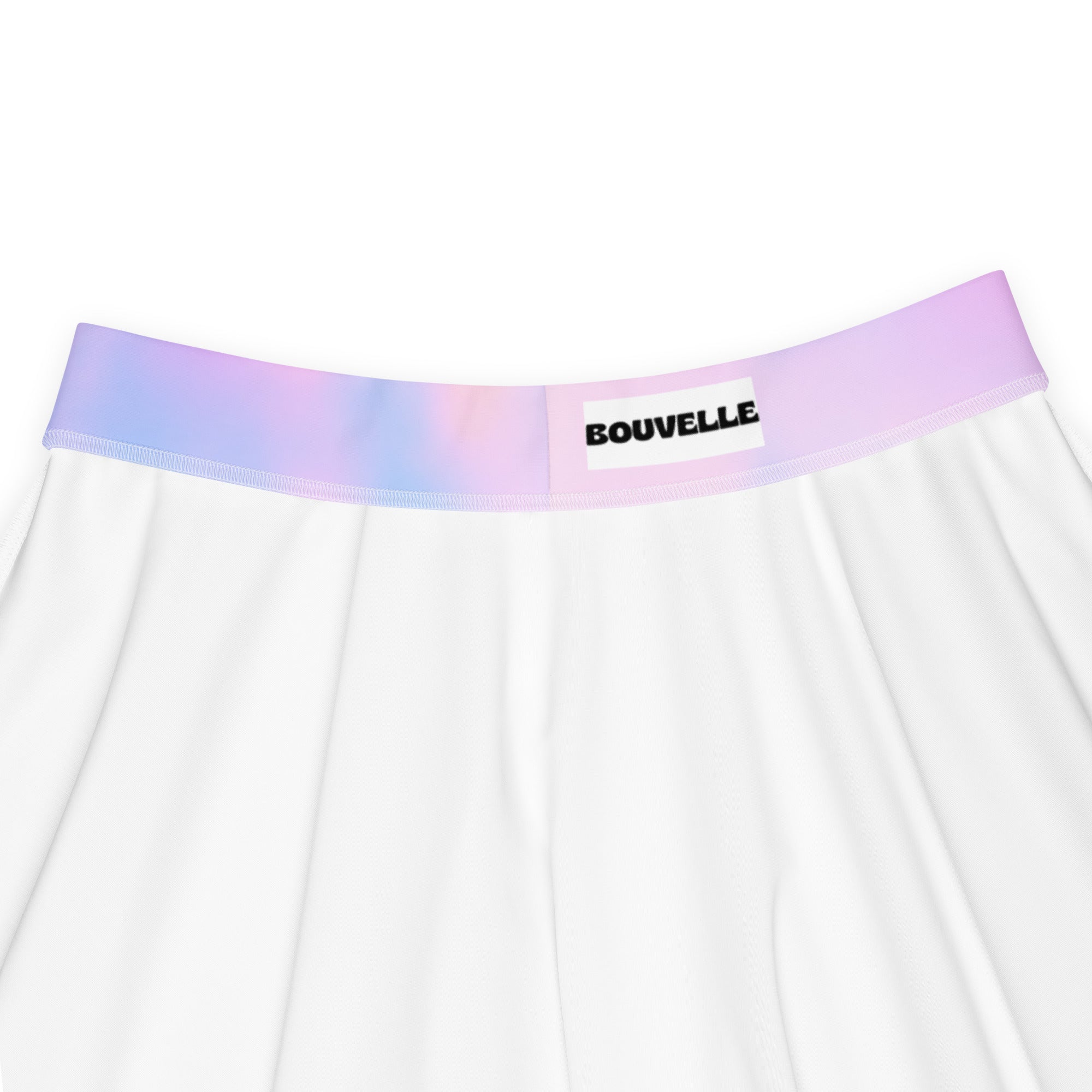 White skater skirt with gradient purple and blue elastic waistband featuring bouvelle label made from recycled fabric