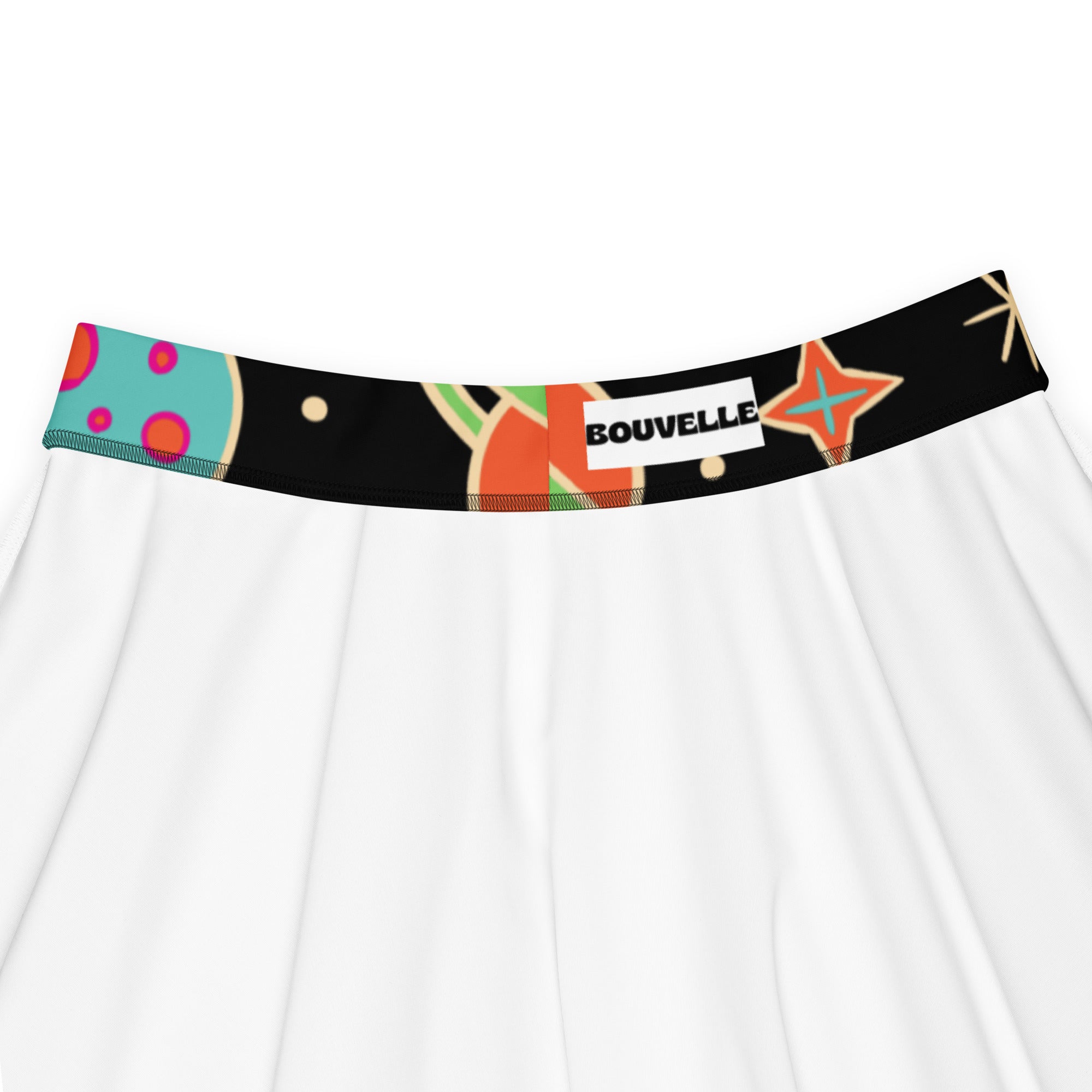 White retro space skater skirt with black waistband colorful graphics high waisted upf 50 plus recycled fabric bouvelle