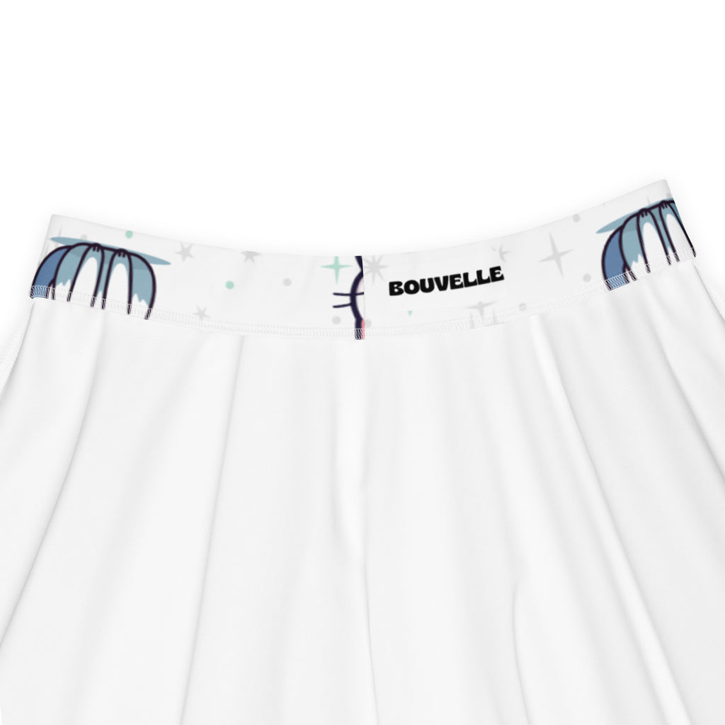 White women’s underwear with a soft stretchy waistband featuring blue and black umbrellas and bouvelle branding