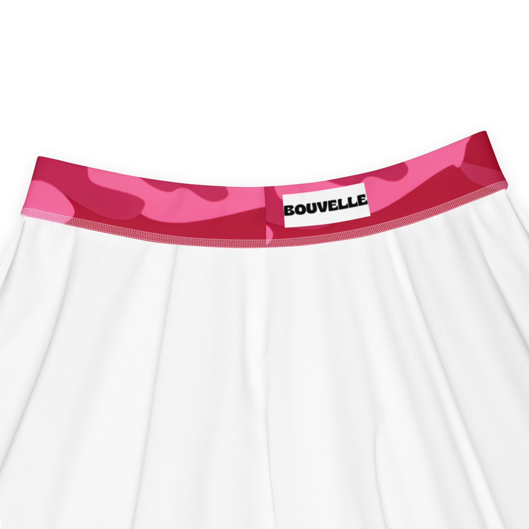 White underwear with a pink camouflage waistband featuring bouvelle label paired with women’s hot pink camouflage skater skirt