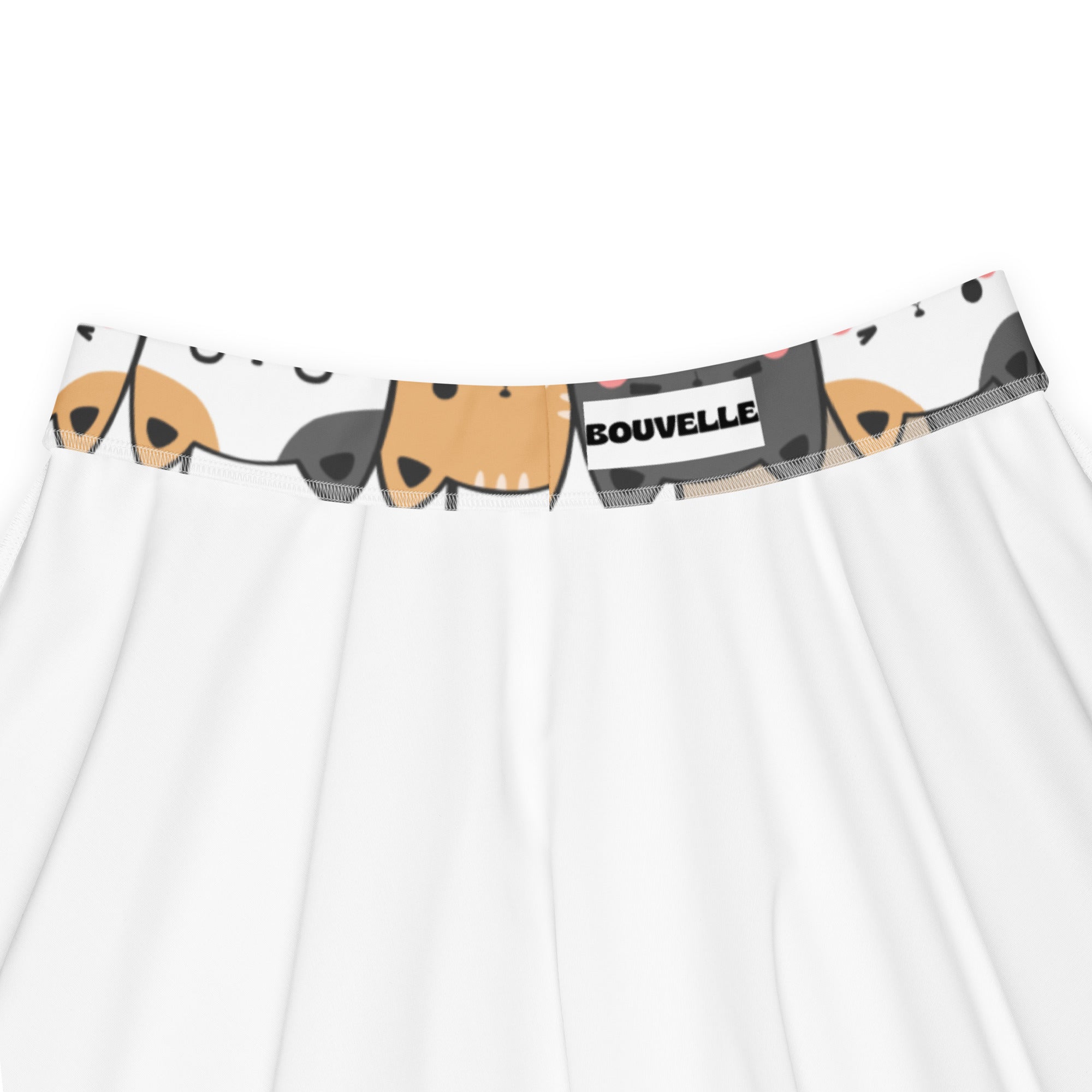 Women’s white underwear with playful cartoon dog pattern tan black waistband and bouvelle label in kawaii cat skater skirt style