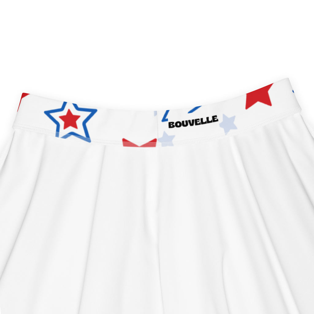 White pleated women’s usa stars skater skirt with red blue star patterns high waisted upf 50 plus recycled fabric