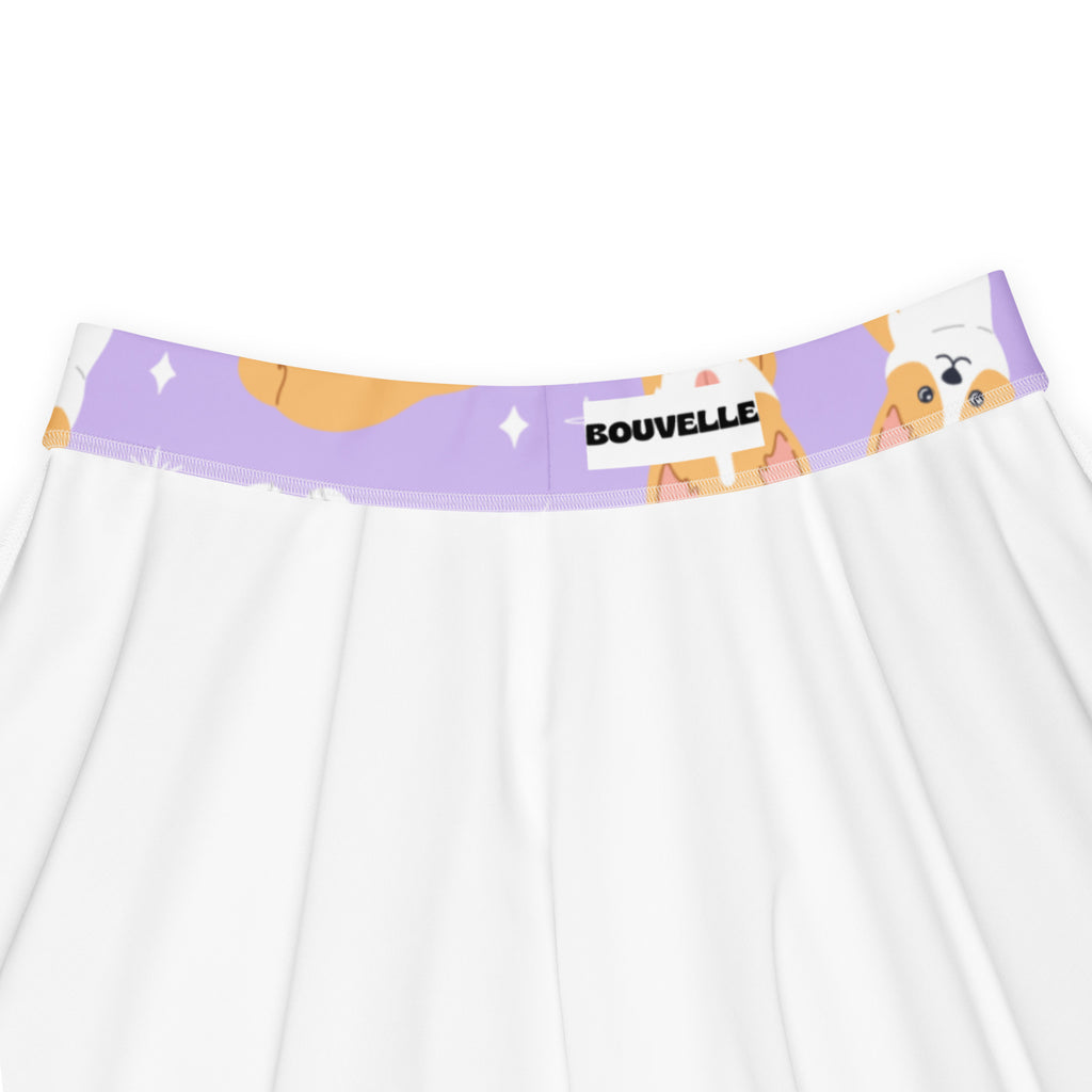 White cotton underwear with purple waistband featuring corgi illustrations and bouvelle branding in black text