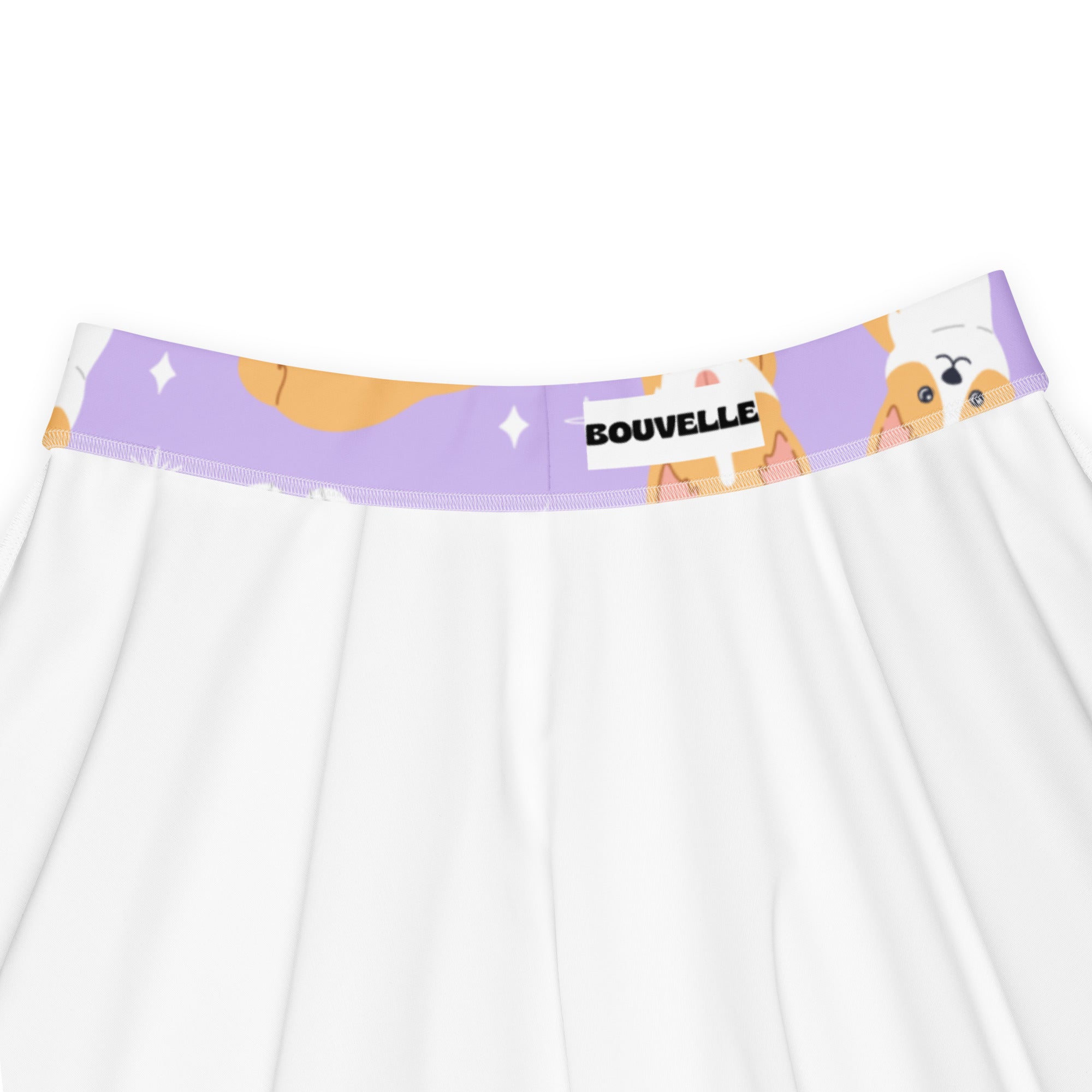 White cotton underwear with purple waistband featuring corgi illustrations and bouvelle branding in black text