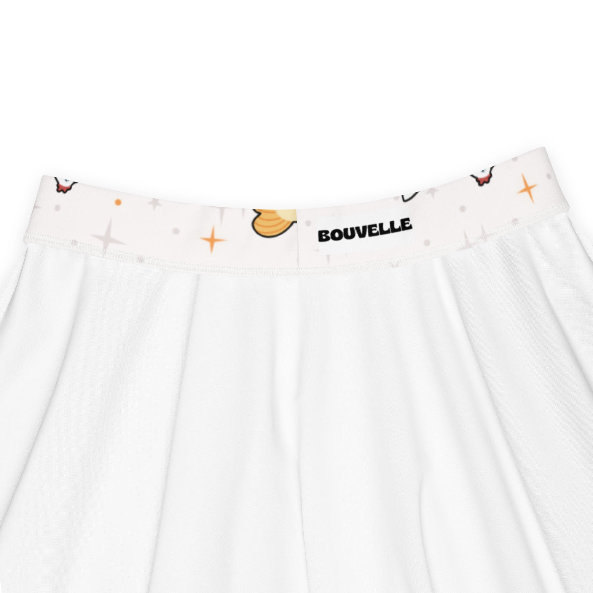 White pleated women’s chicken skater skirt with waistband featuring cartoon butterflies stars and bouvelle logo