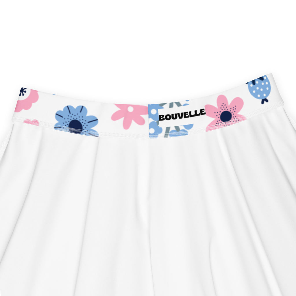 White women’s floral skater skirt with pink and blue waistband flowers high waisted flowy upf 50 recycled fabric by bouvelle