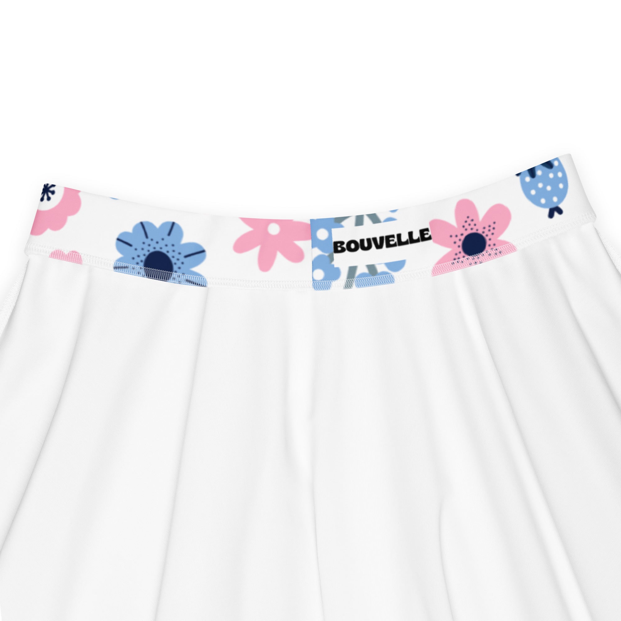 White women’s floral skater skirt with pink and blue waistband flowers high waisted flowy upf 50 recycled fabric by bouvelle