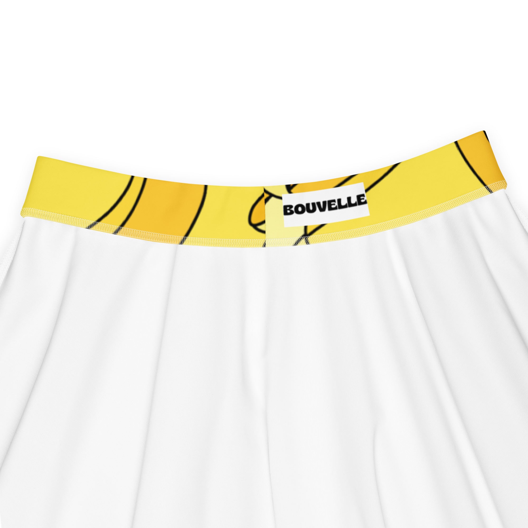 White boxer briefs with bright yellow elastic waistband featuring black line art and bouvelle brand label
