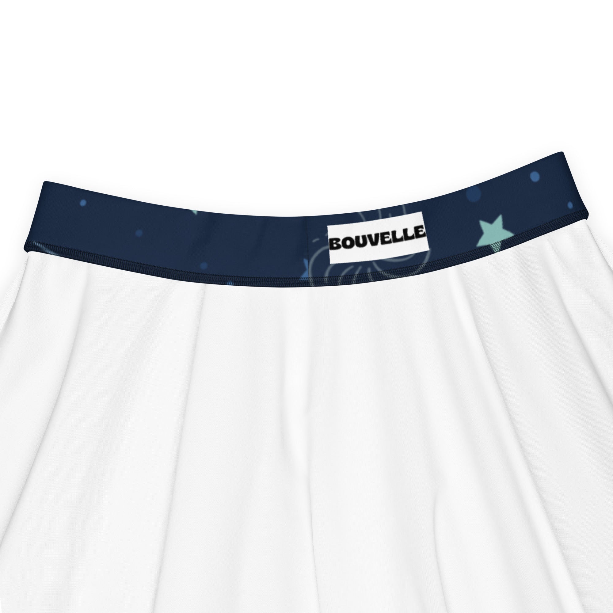 White fabric underwear with navy blue bouvelle waistband and subtle stars paired with womens colorful galaxy space skirt