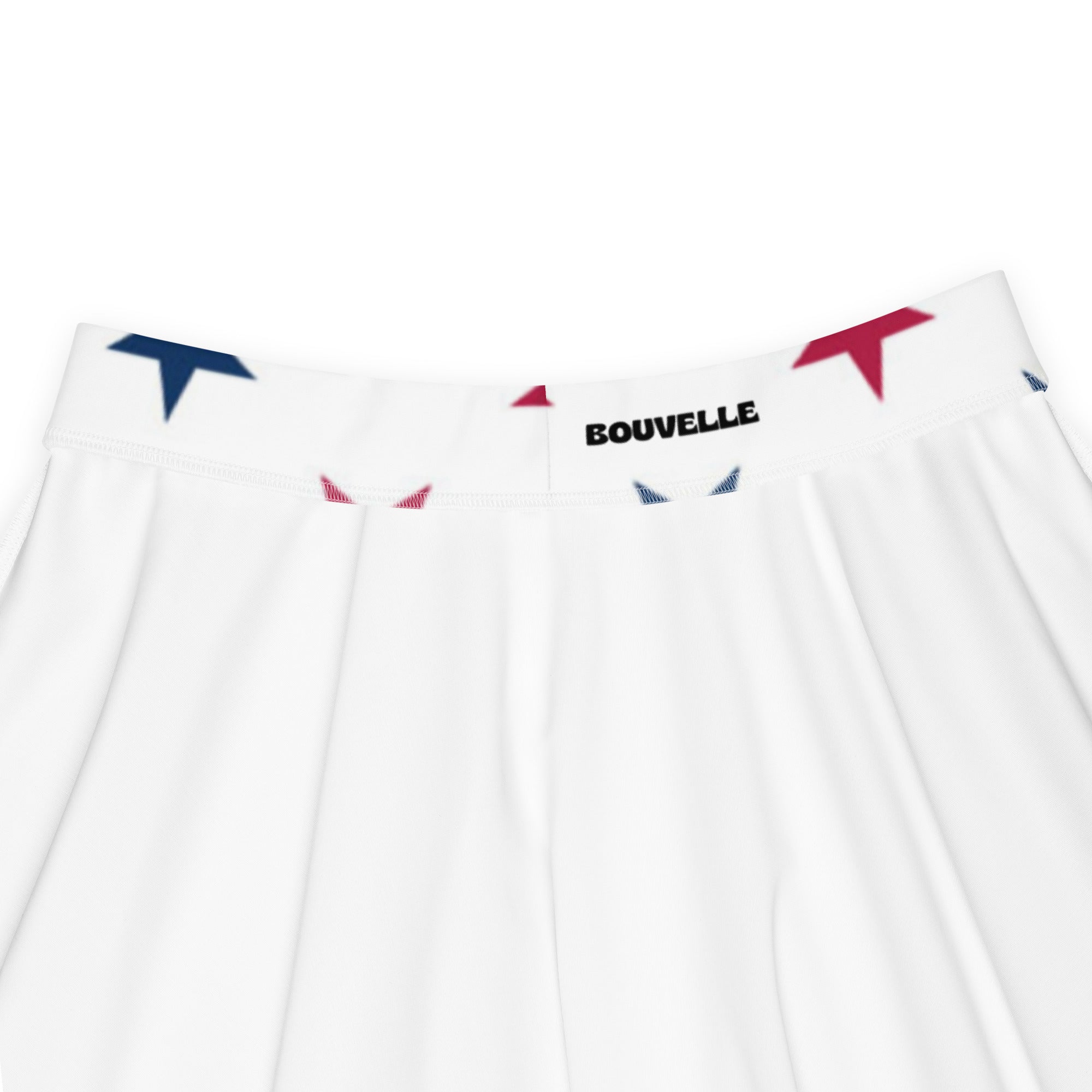 White pleated skater skirt with red and blue triangle logos on waistband by bouvelle high waisted flowy upf 50+ recycled fabric