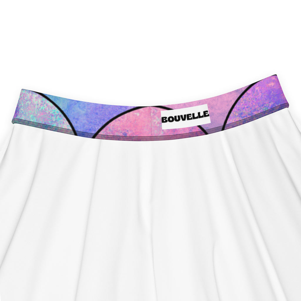 White women’s pastel mermaid skater skirt with vibrant iridescent pink and purple waistband made from recycled fabric