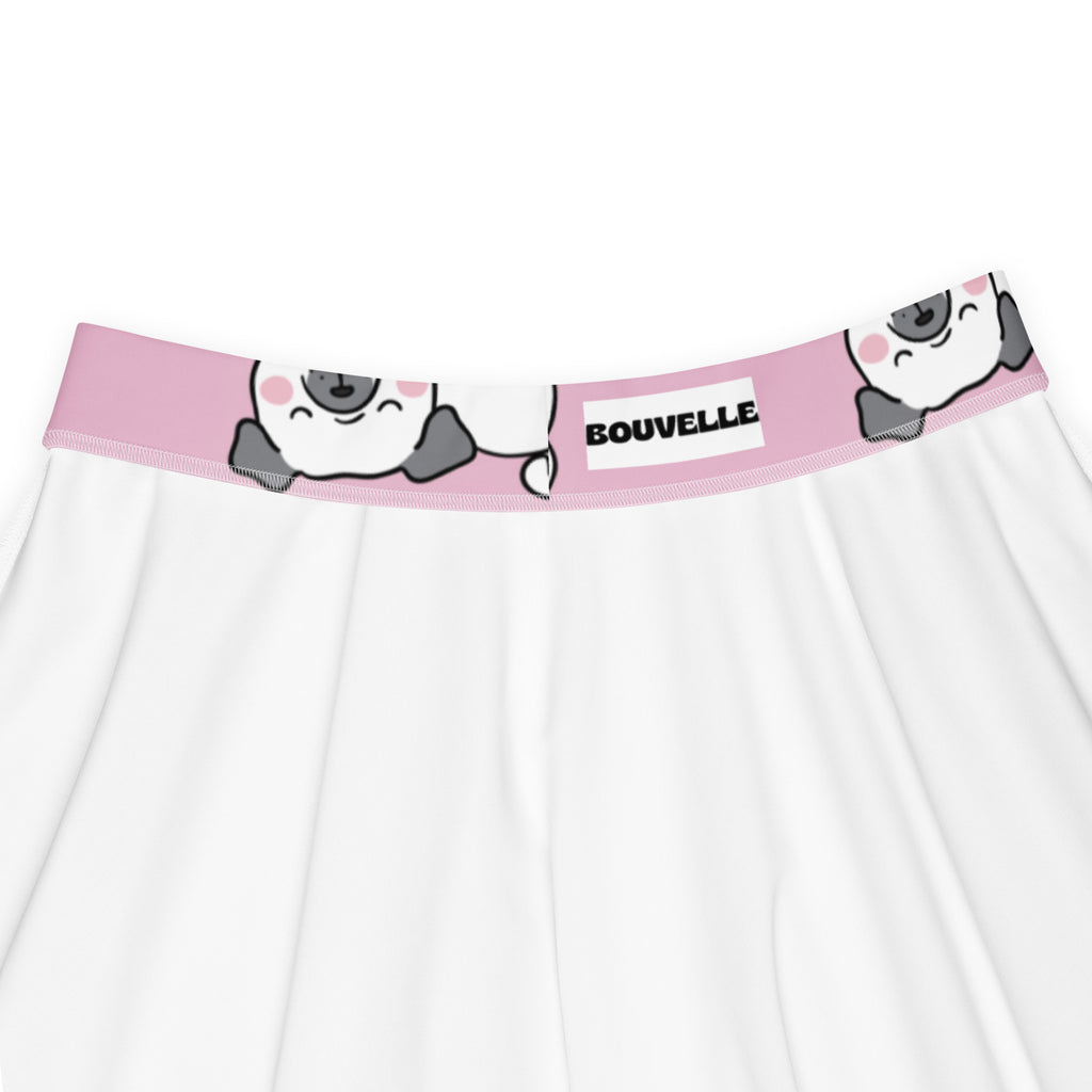 White women’s underwear with pink waistband featuring cartoon pug faces and bouvelle brand name in recycled fabric