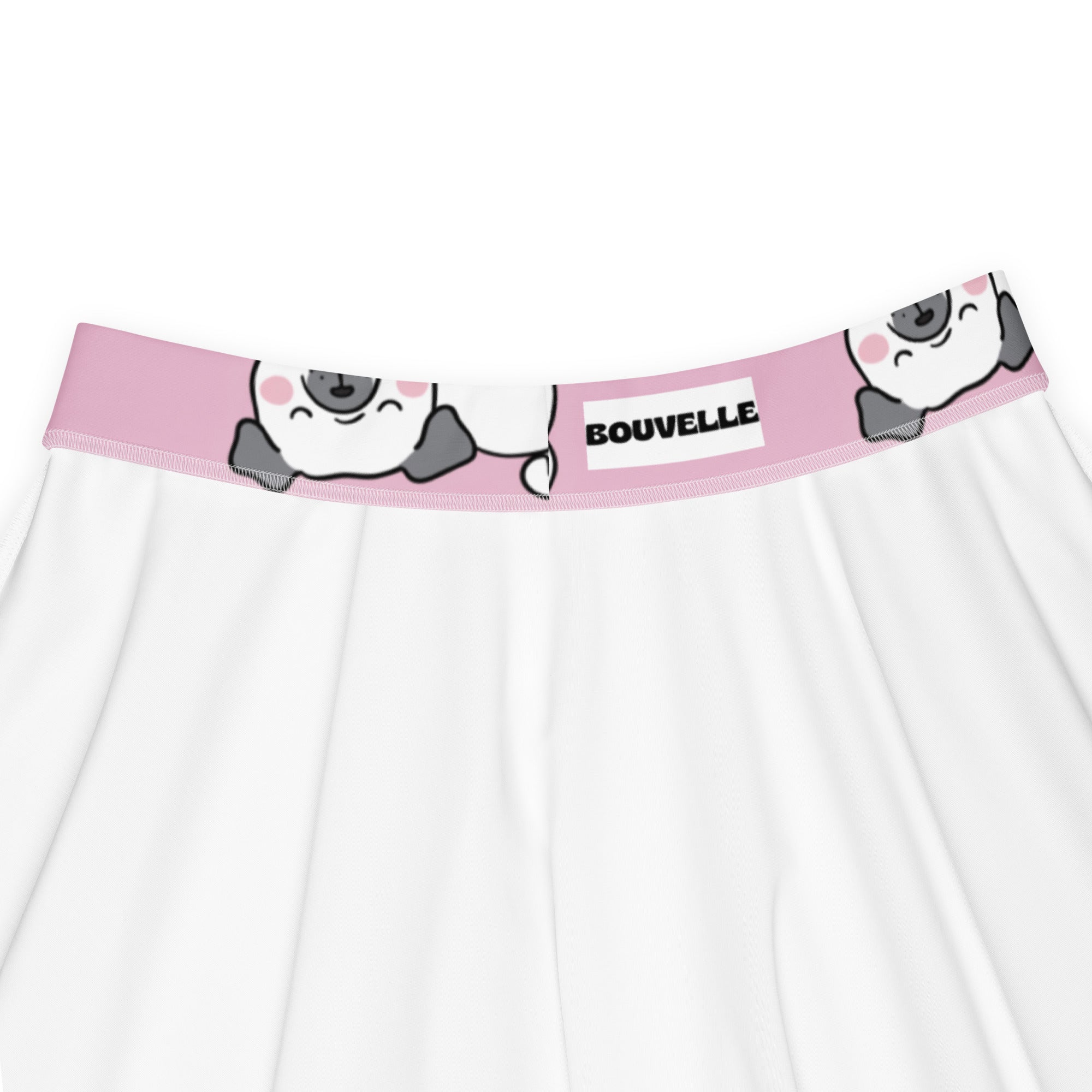 White women’s underwear with pink waistband featuring cartoon pug faces and bouvelle brand name in recycled fabric