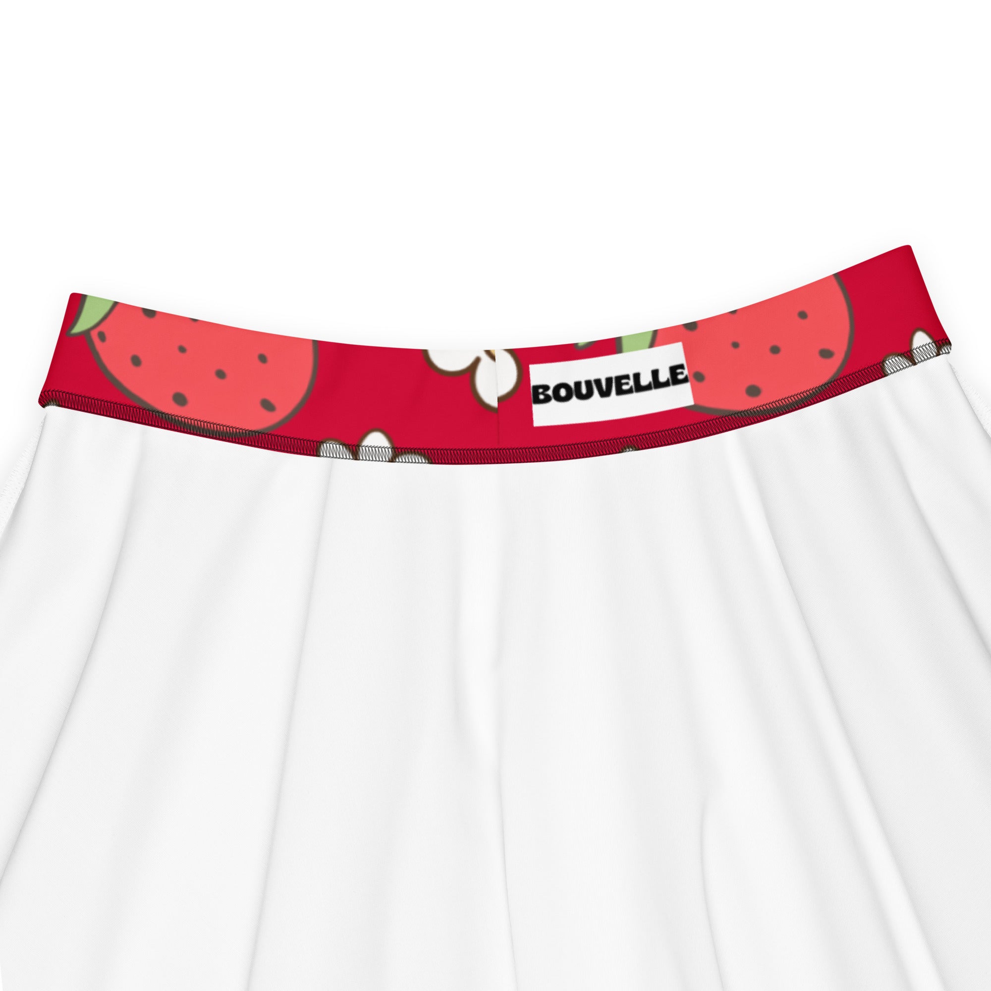 White underwear with red waistband and cartoon watermelon prints featuring bouvelle label paired with women’s red strawberry skater skirt flowy high waisted with upf 50 and recycled fabric