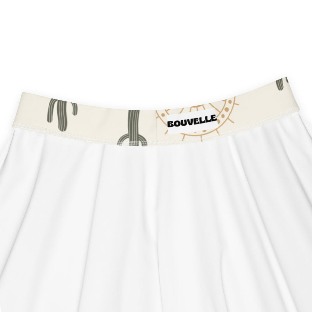 White women’s desert cactus sunrise skater skirt with cream waistband black gold cactus print upf 50 plus recycled fabric