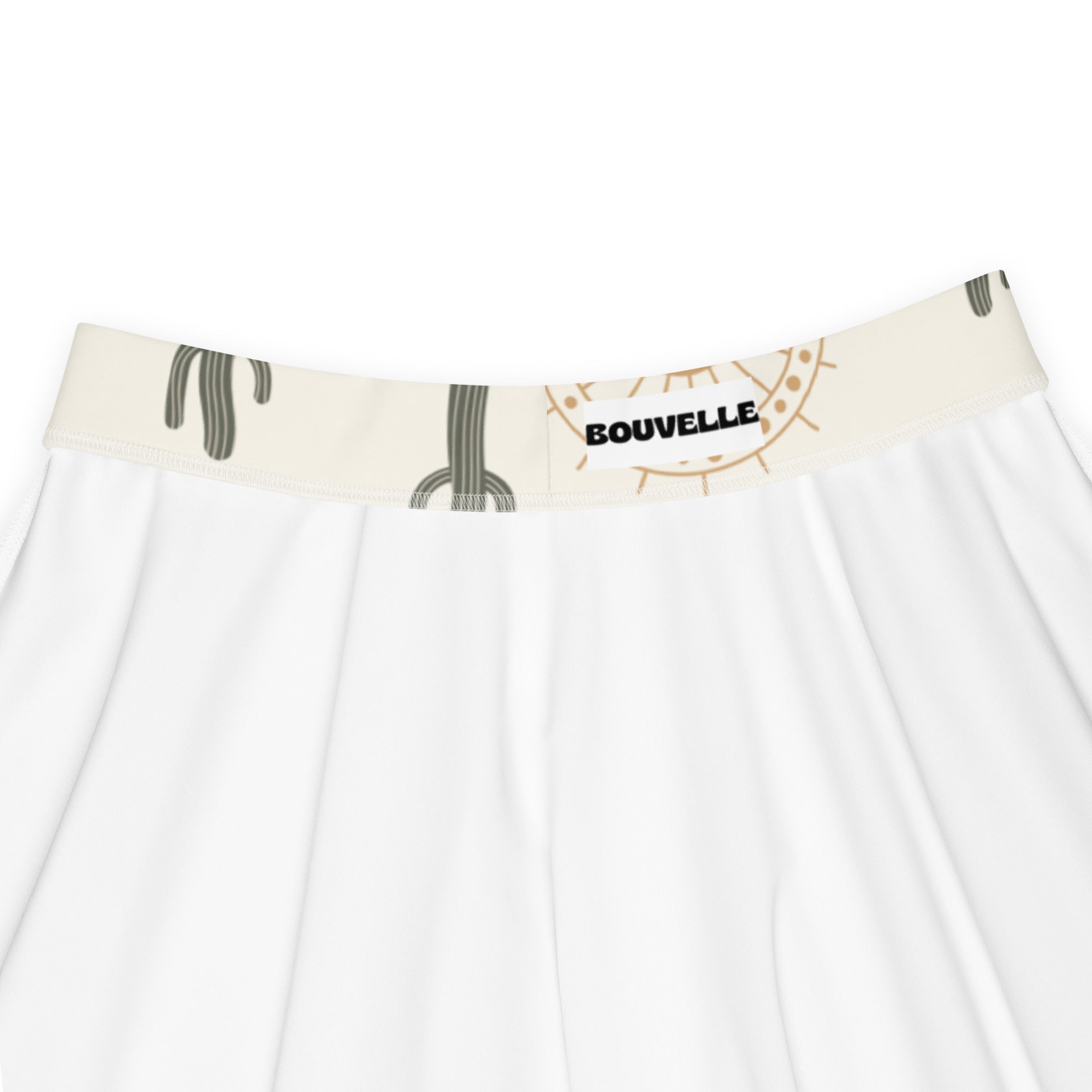 White women’s desert cactus sunrise skater skirt with cream waistband black gold cactus print upf 50 plus recycled fabric