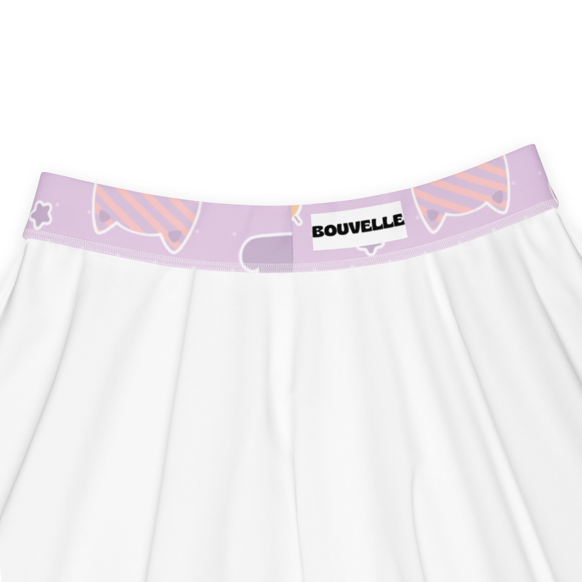 Lavender waistband with cat ear and star patterns on women’s pastel purple kawaii cats and clouds skater skirt by bouvelle