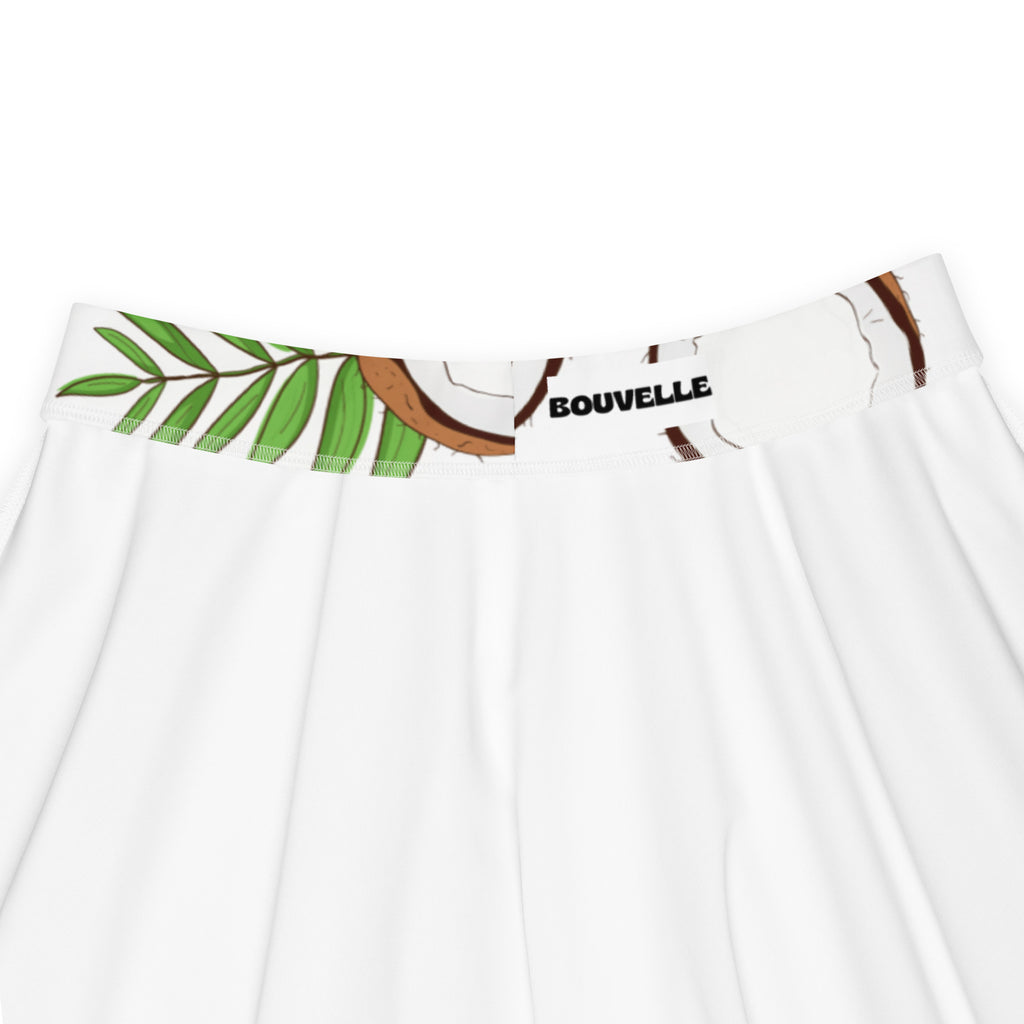 White women’s underwear with tropical coconut and green leaf waistband featuring bouvelle logo in black text