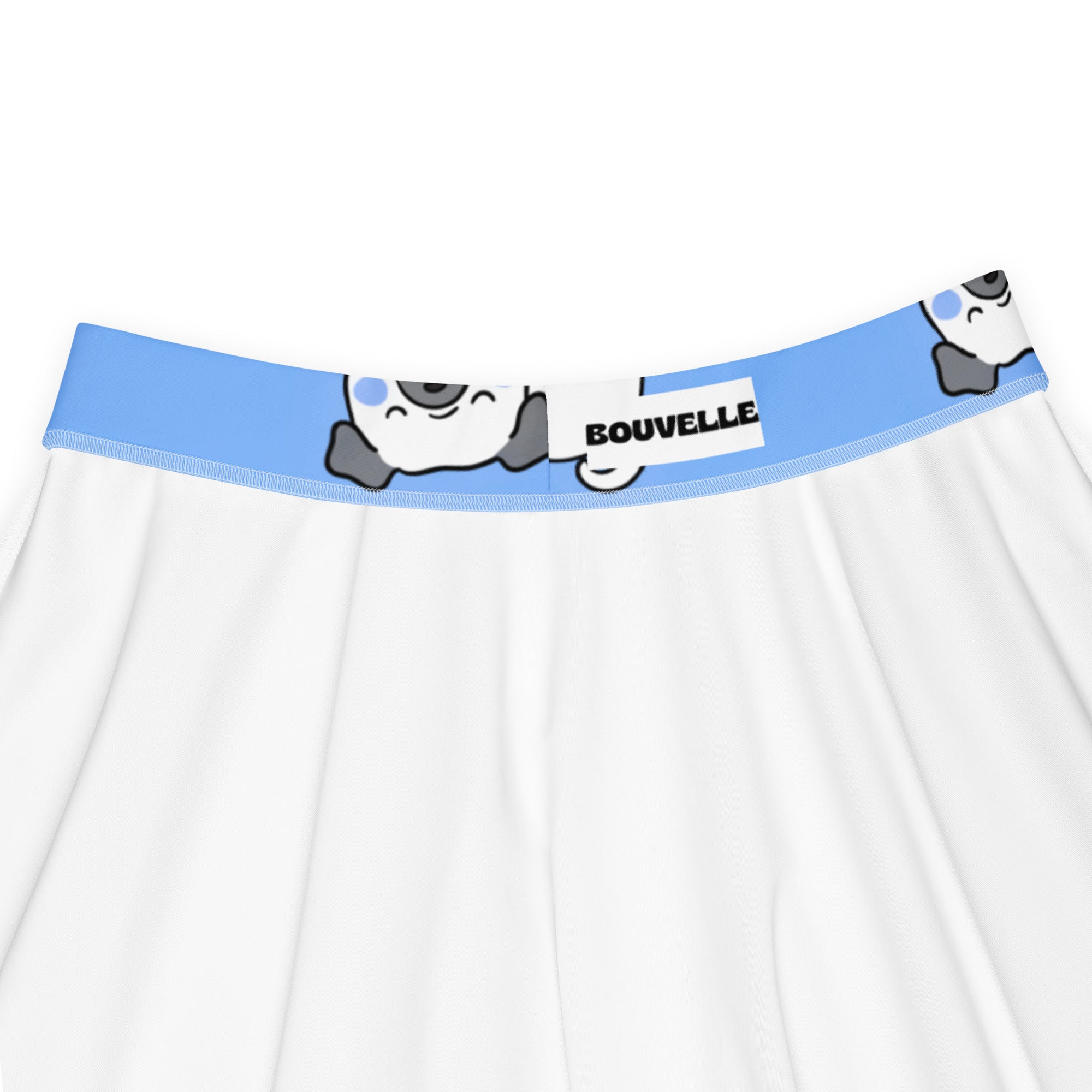 White underwear with light blue panda waistband and bouvelle branding paired with women’s blue corgi dog skater skirt