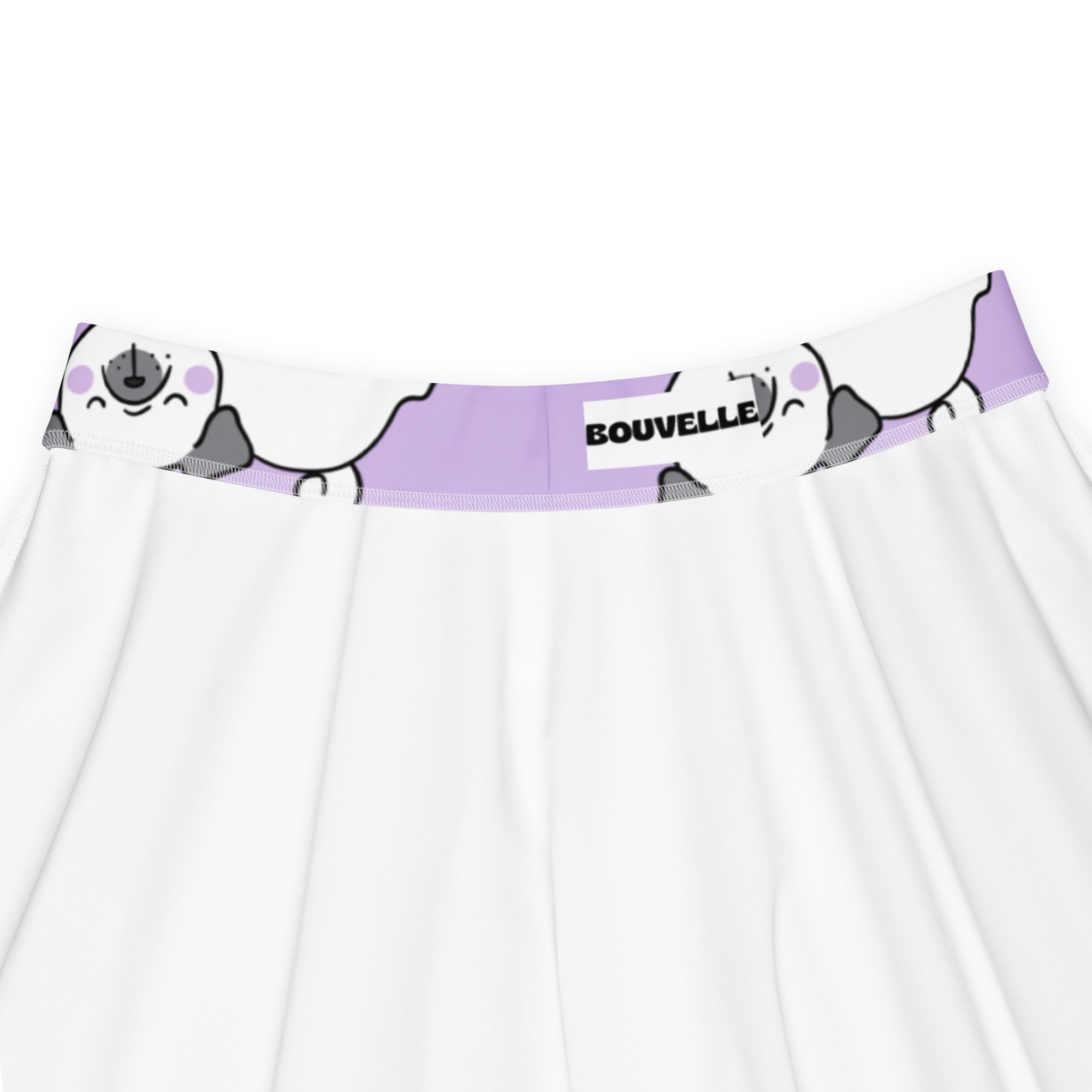 White underwear with lavender waistband featuring cartoon pug illustrations and bouvelle brand label