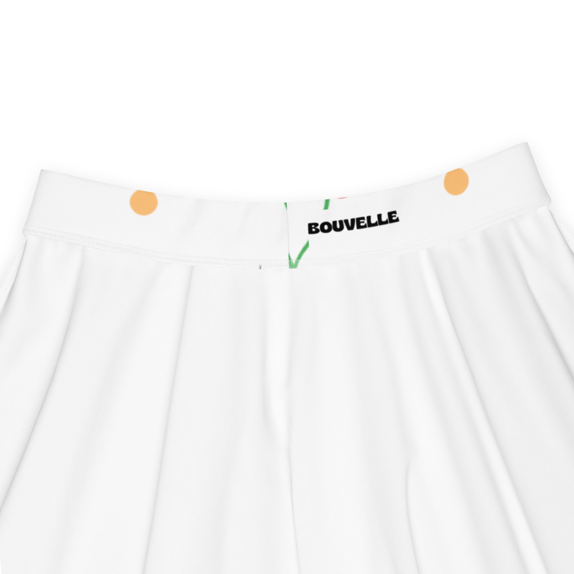 White pleated women cherry skater skirt with orange button closures, black bouvelle label, flowy high waisted, recycled fabric