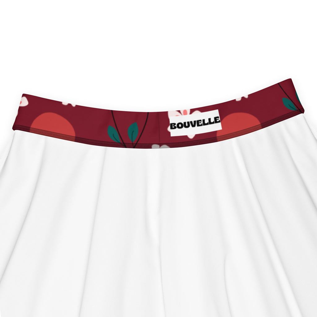 White women’s burgundy cherry blossom skater skirt with maroon floral waistband by bouvelle made from recycled fabric