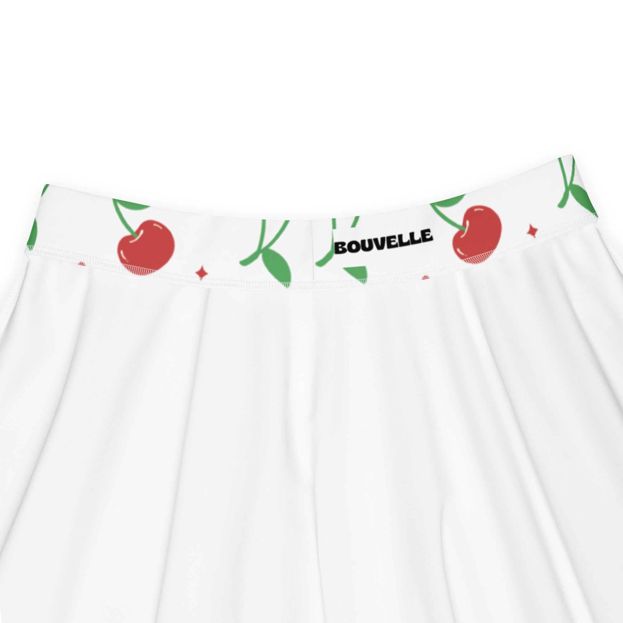 Women’s white cherry skater skirt with playful pattern flowy high waisted upf 50 plus recycled fabric and bouvelle logo