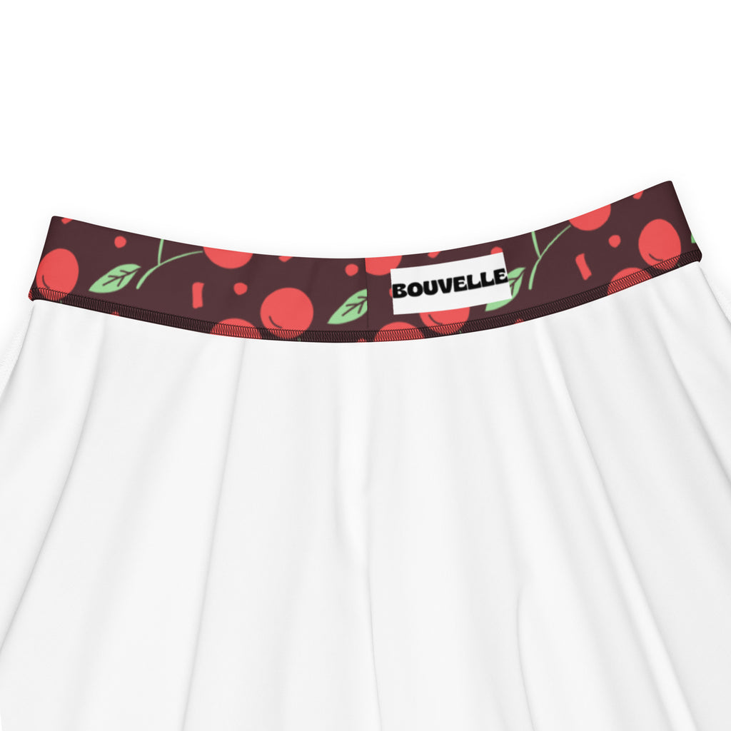 White dark cherry skater skirt with dark brown waistband red cherry green leaf pattern high waisted flowy bouvelle label