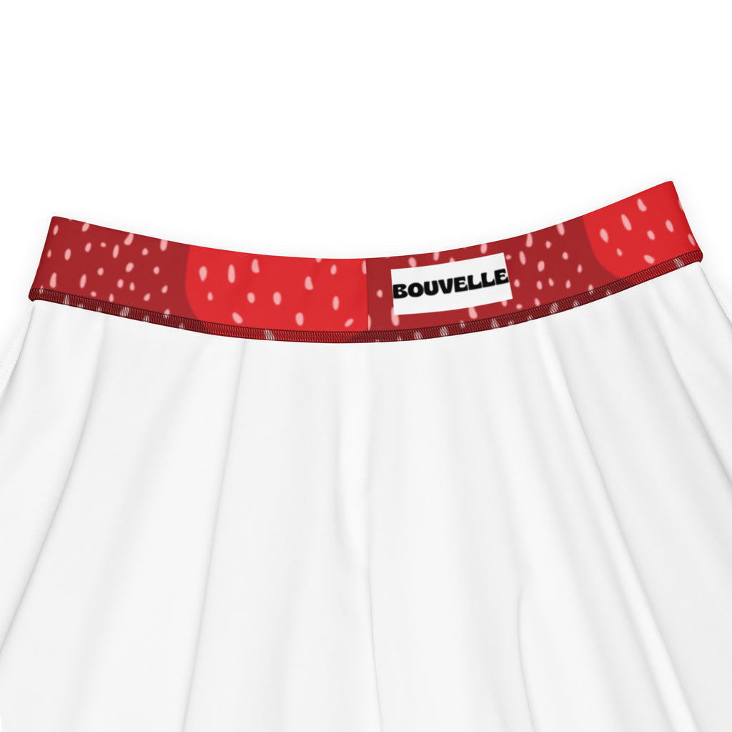 White underwear with red strawberry patterned waistband and bouvelle label complementing womens strawberry floral skater skirt