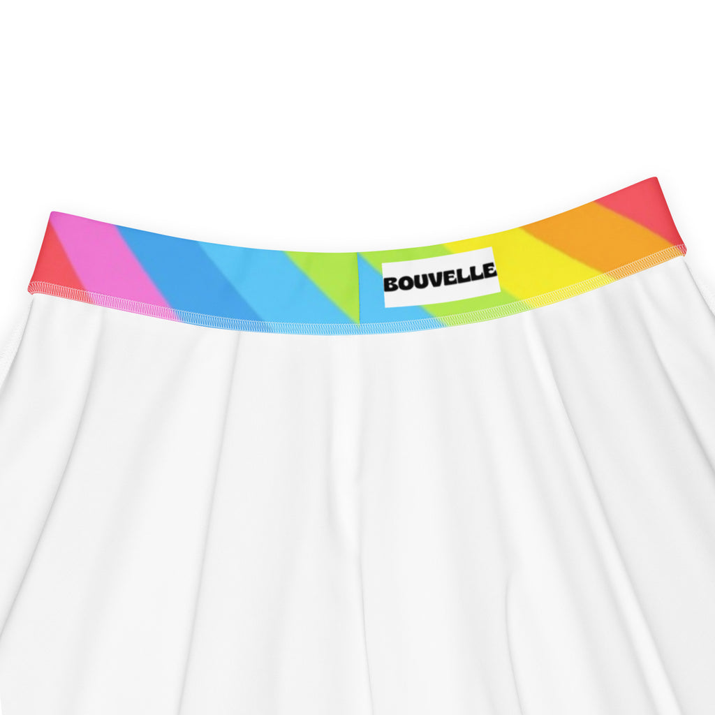 White women’s underwear with colorful rainbow stripe elastic waistband featuring bouvelle label and recycled fabric