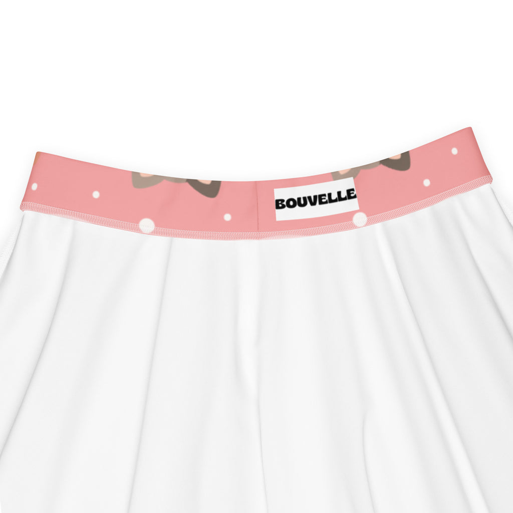 White skirt with pink polka dot waistband and cartoon cat design branded bouvelle high waisted skater skirt
