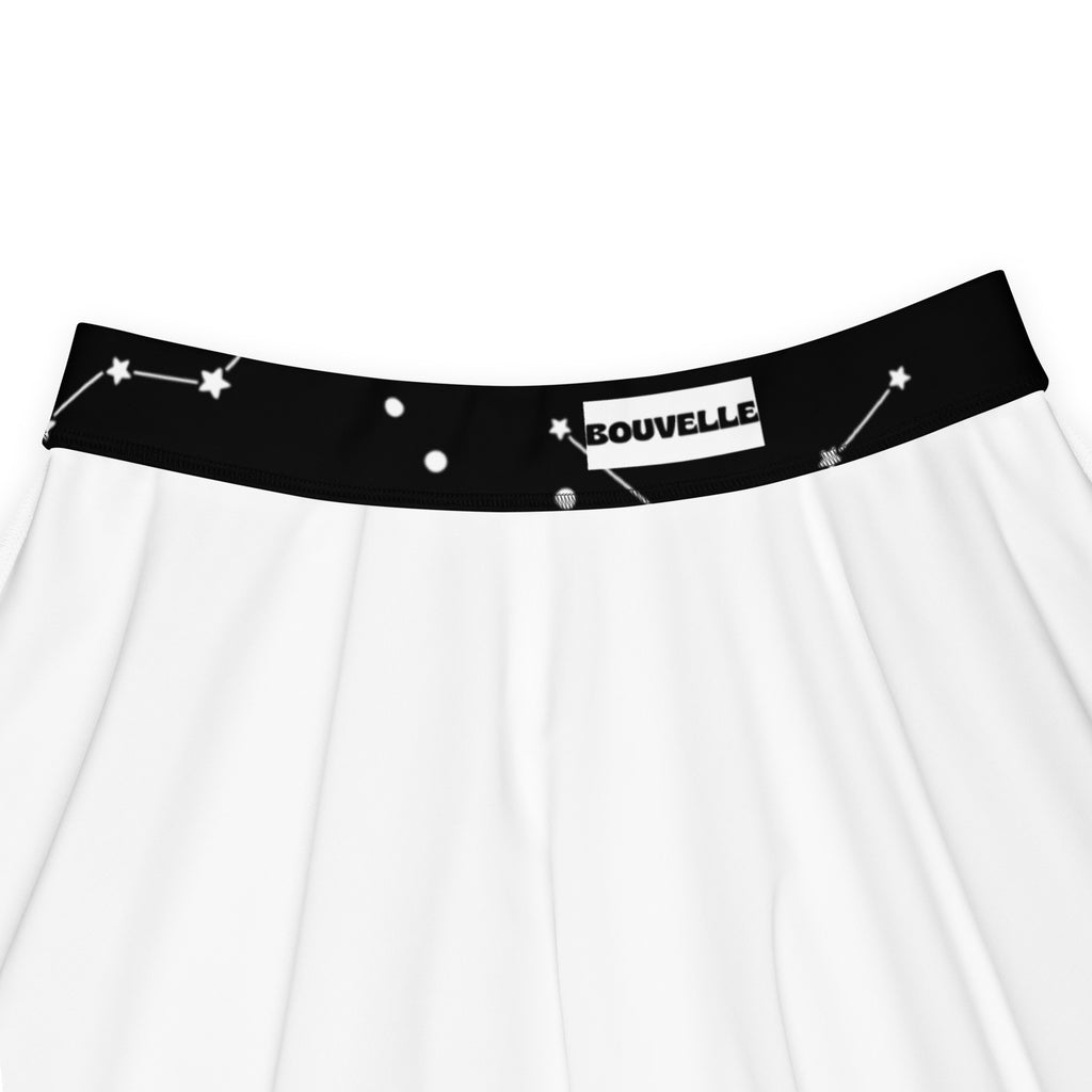 Women’s white realistic constellations skater skirt with black waistband featuring bouvelle label and recycled fabric