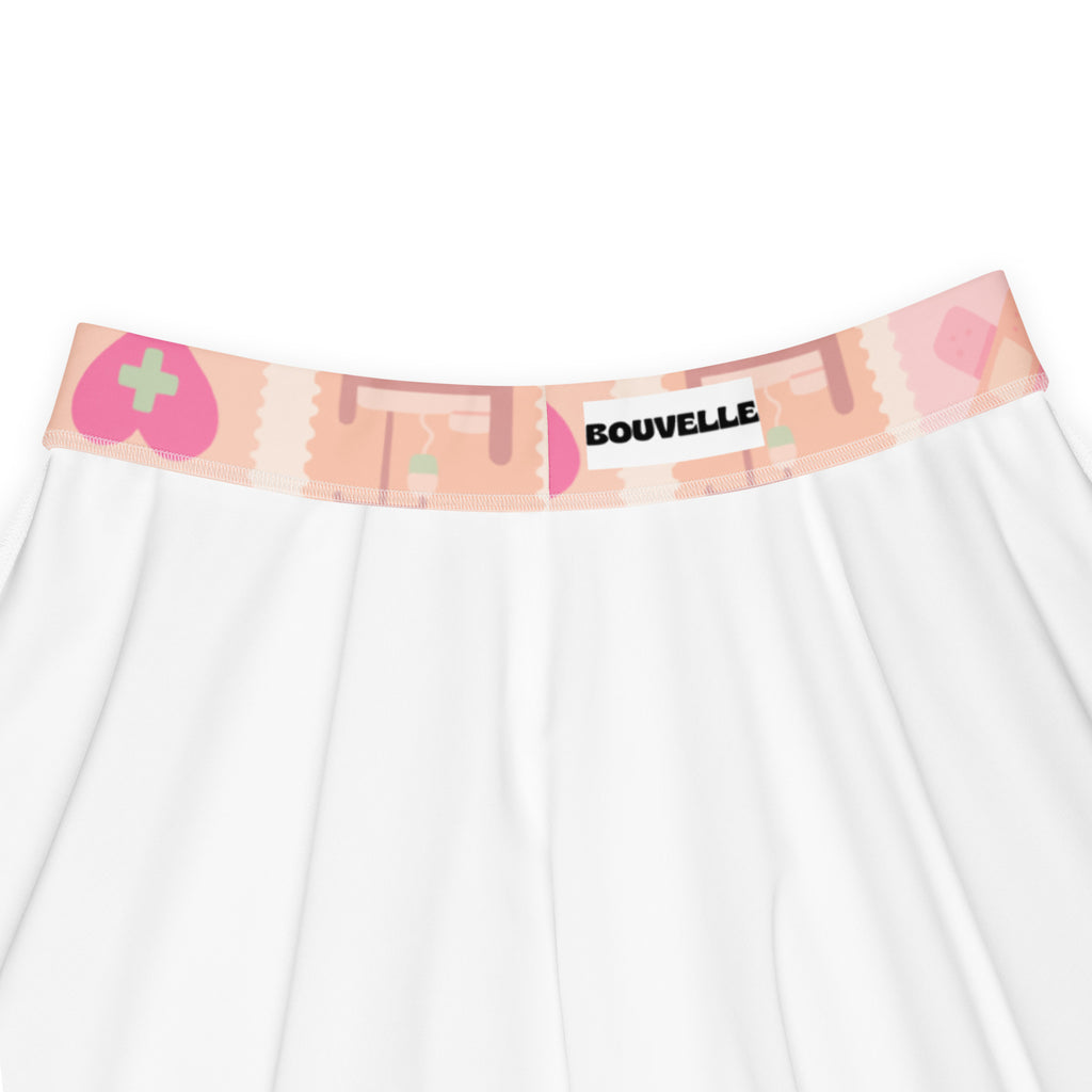 White underwear with pink and peach heart patterned waistband and bouvelle label paired with womens pink nurse icon skater skirt