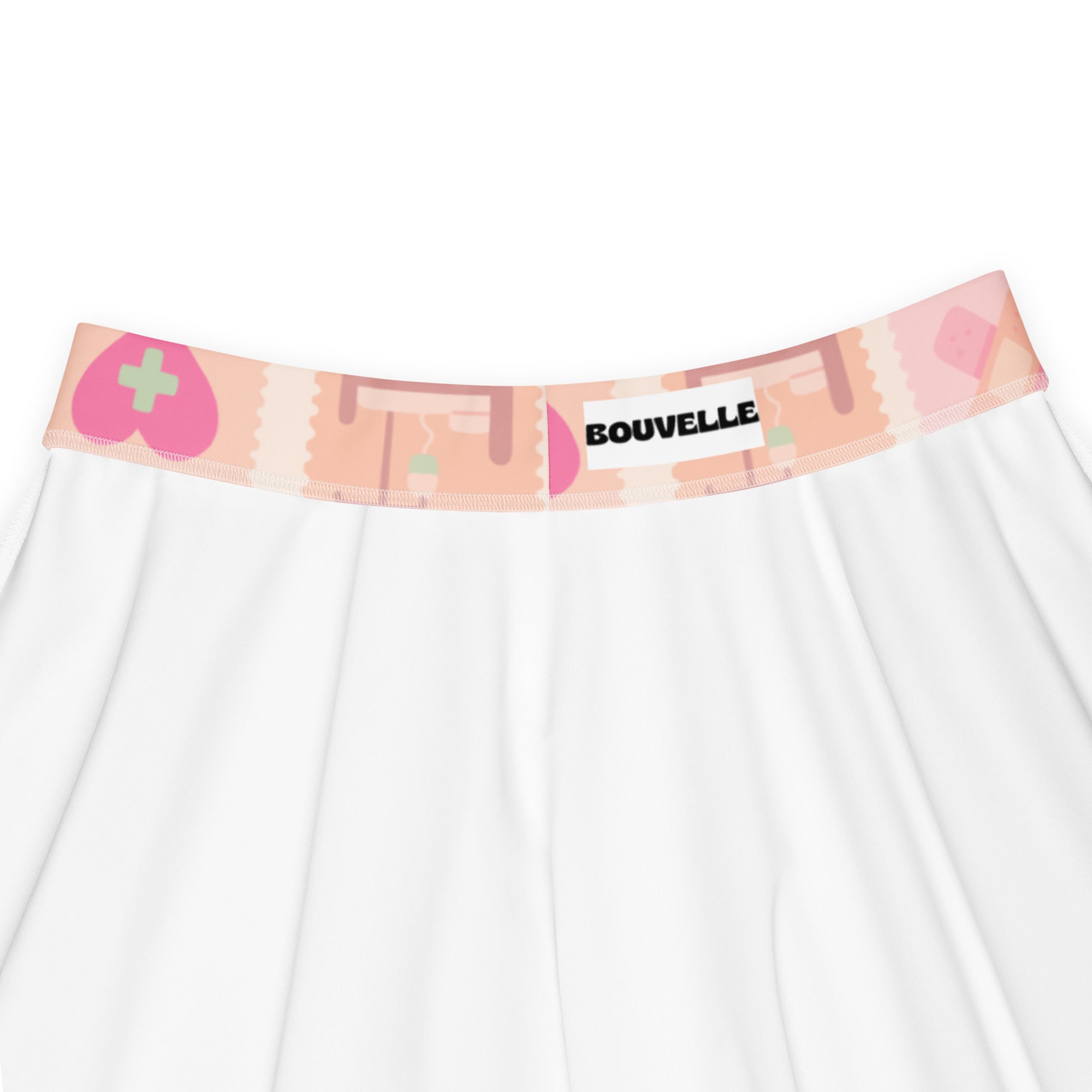 White underwear with pink and peach heart patterned waistband and bouvelle label paired with womens pink nurse icon skater skirt