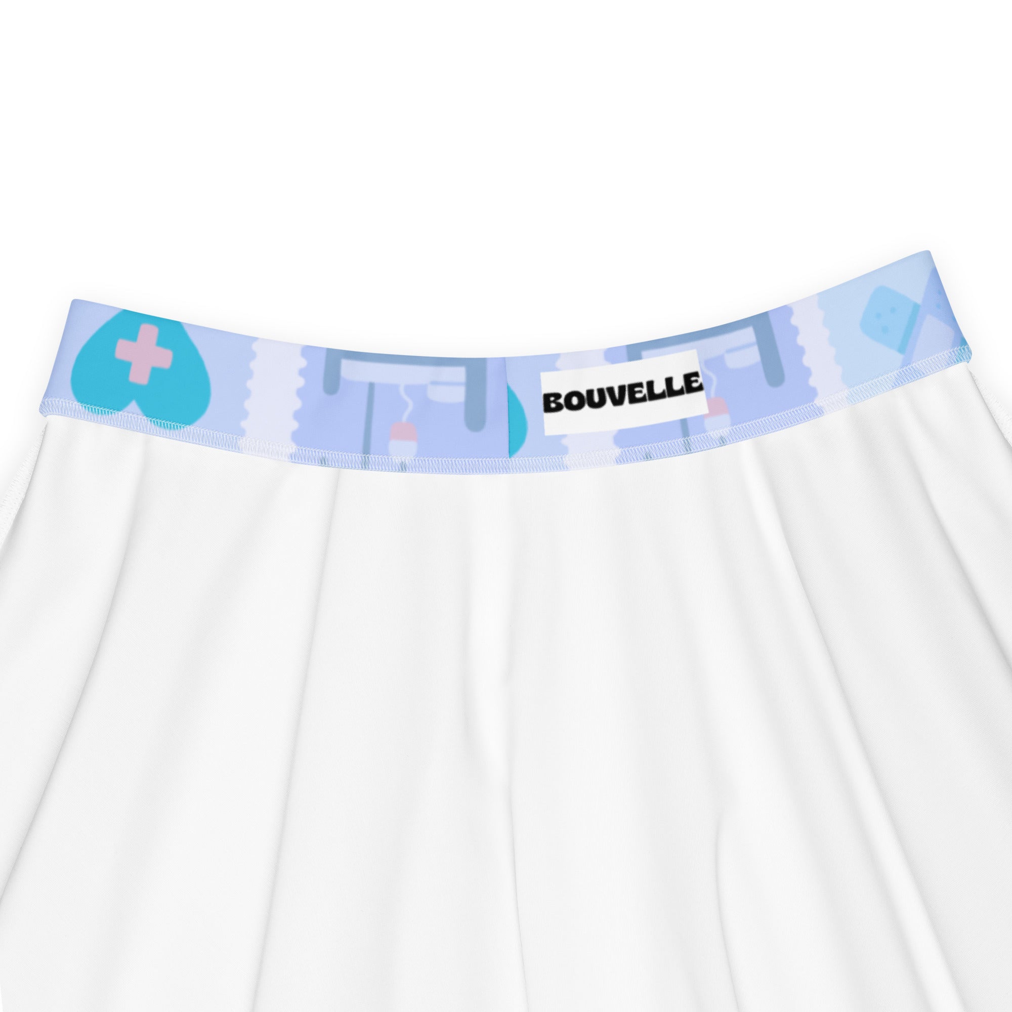 White underwear with light blue elastic waistband featuring playful medical pattern and bouvelle label