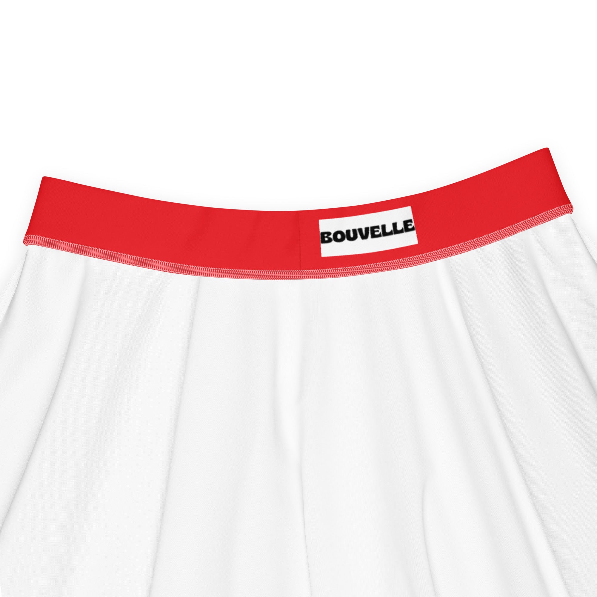 White briefs with a bold red bouvelle waistband paired with a women’s red skater skirt flowy high waisted upf 50 recycled fabric