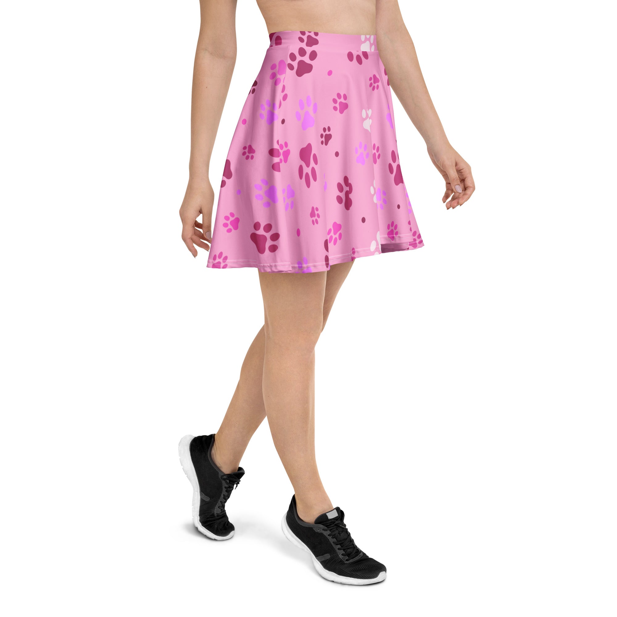 Women’s pink paw print skater skirt with pleats flowy high waisted upf 50 plus recycled fabric