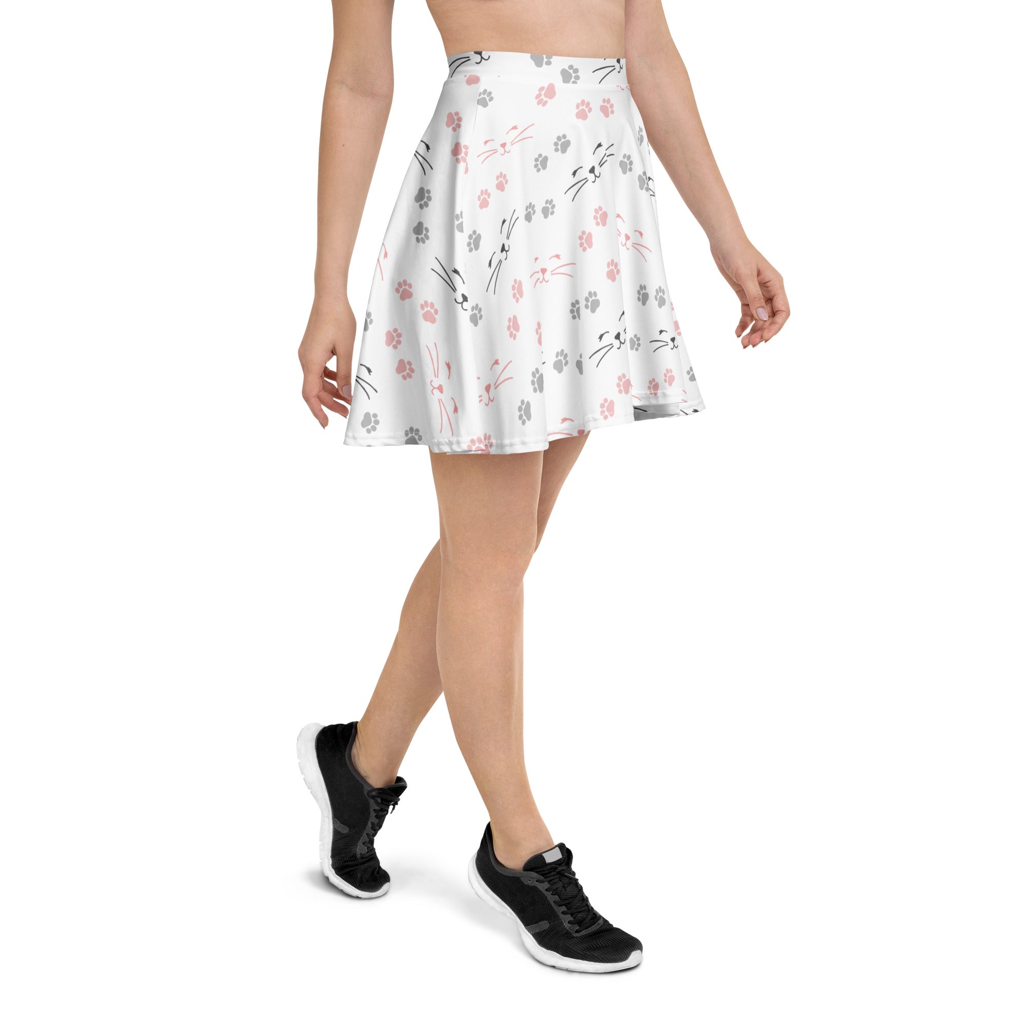 White flared skater skirt with pink and gray cat faces and paw prints made from recycled fabric with upf 50 plus