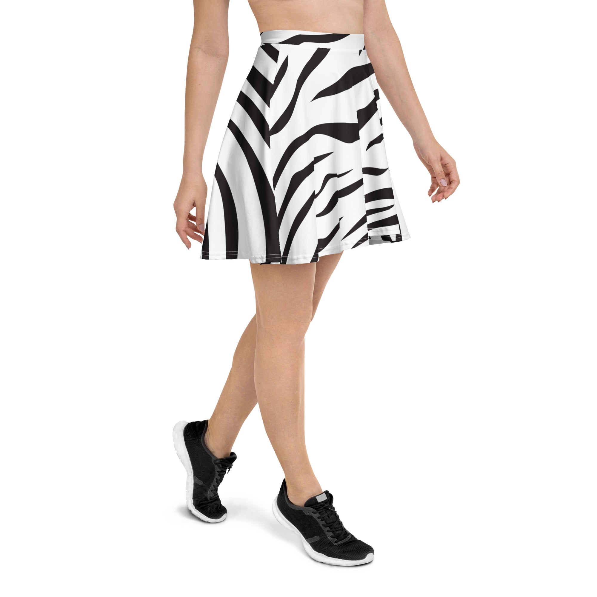 Women’s black and white zebra print pleated skater skirt flowy high waisted with upf 50 plus recycled fabric