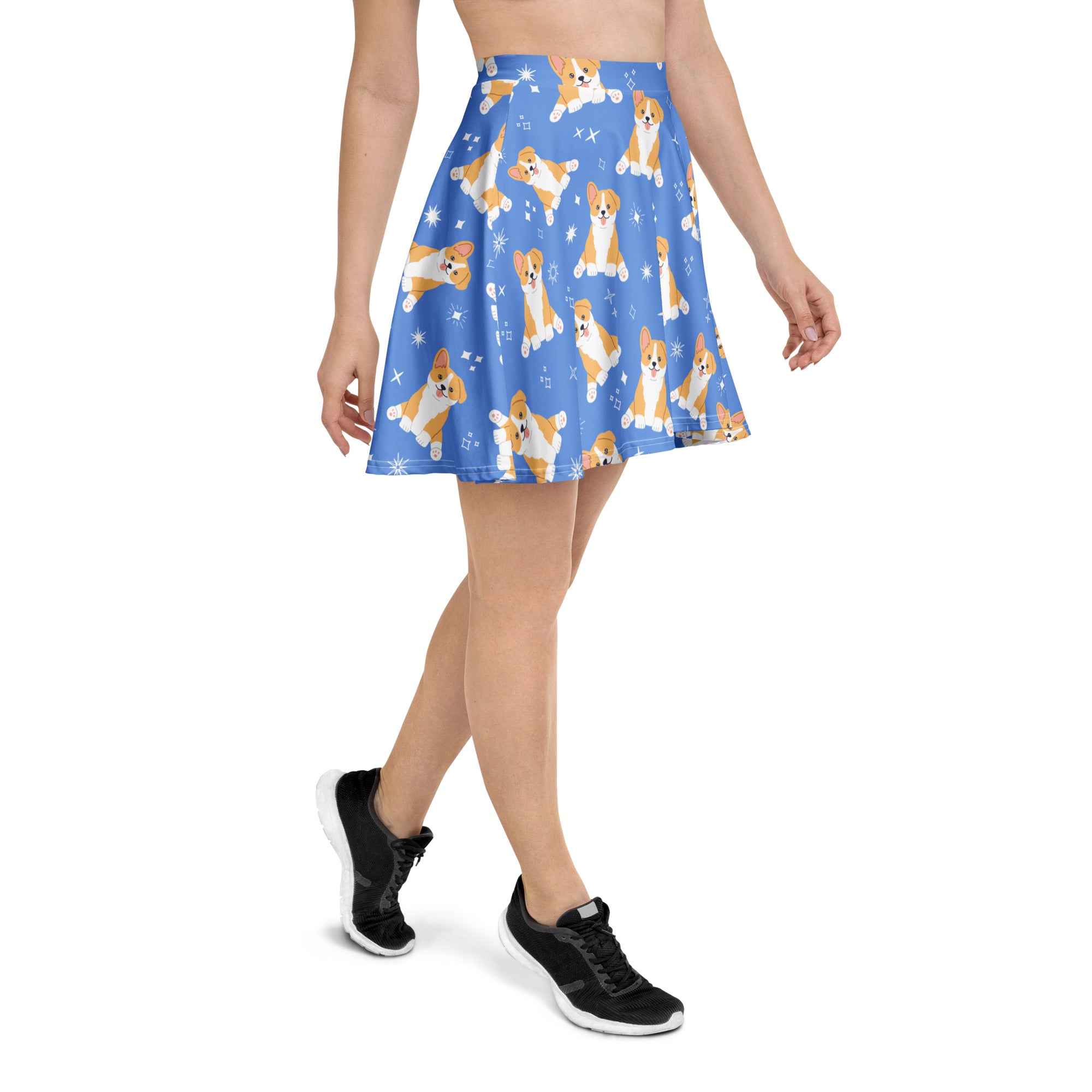 Women’s blue corgi dog skater skirt with playful orange and white corgi pattern star accents flowy high waisted upf 50+ recycled fabric