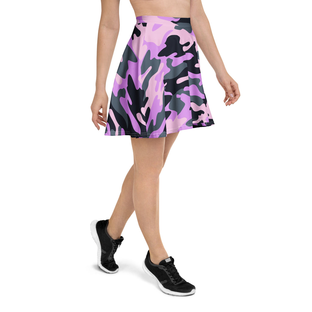 A women’s purple and black camouflage flared skater skirt made from lightweight stretchy recycled fabric with upf 50+