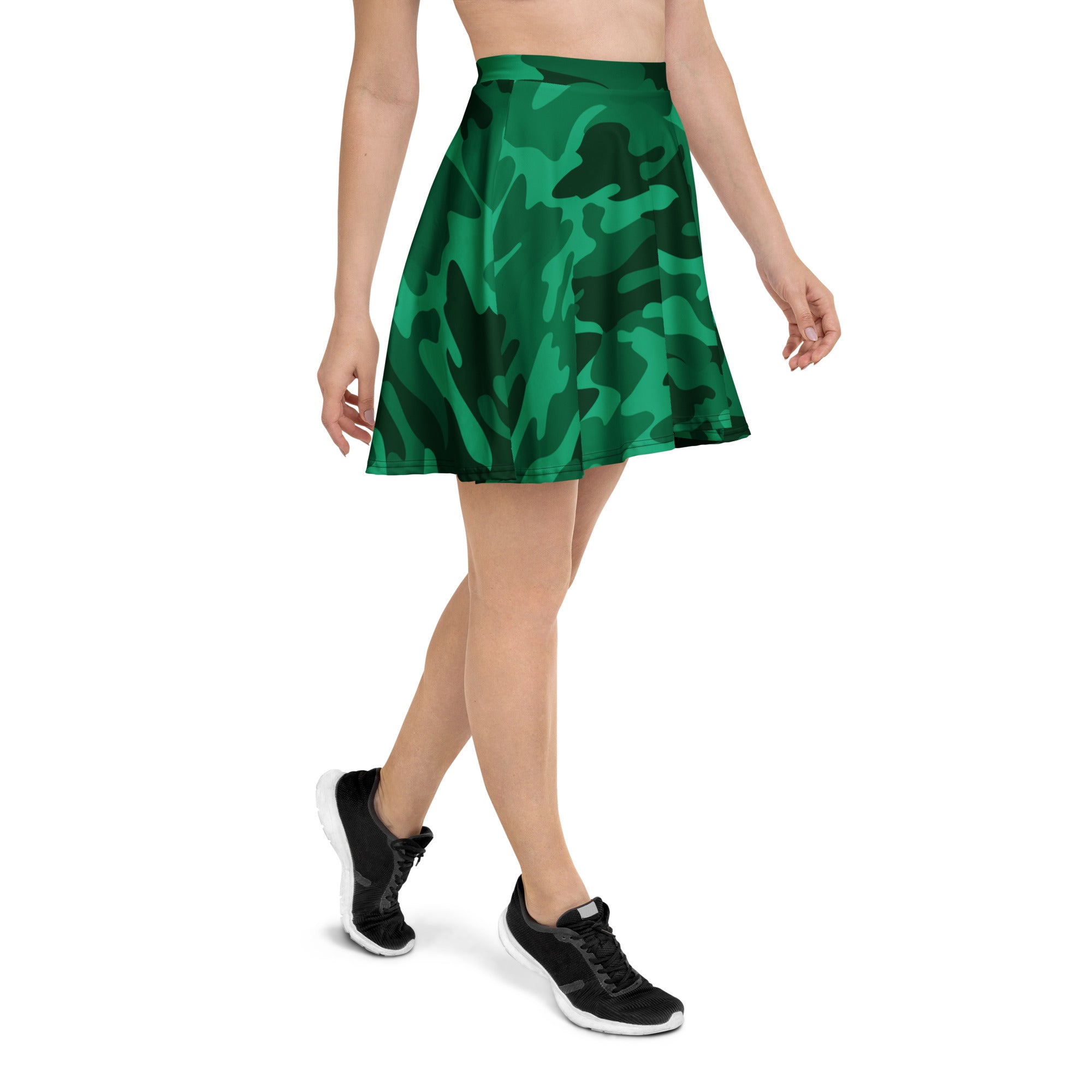 Women’s green camouflage skater skirt with vibrant flared pattern made from smooth flowing recycled fabric with upf 50+