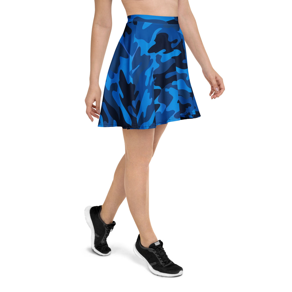 Women’s blue camouflage skater skirt with bold navy and bright blue pattern made from smooth stretchy recycled fabric