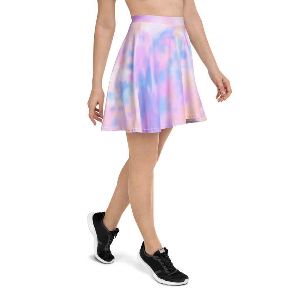 Women’s pastel watercolor tie dye skater skirt with flared silhouette soft iridescent fabric and upf 50 plus protection